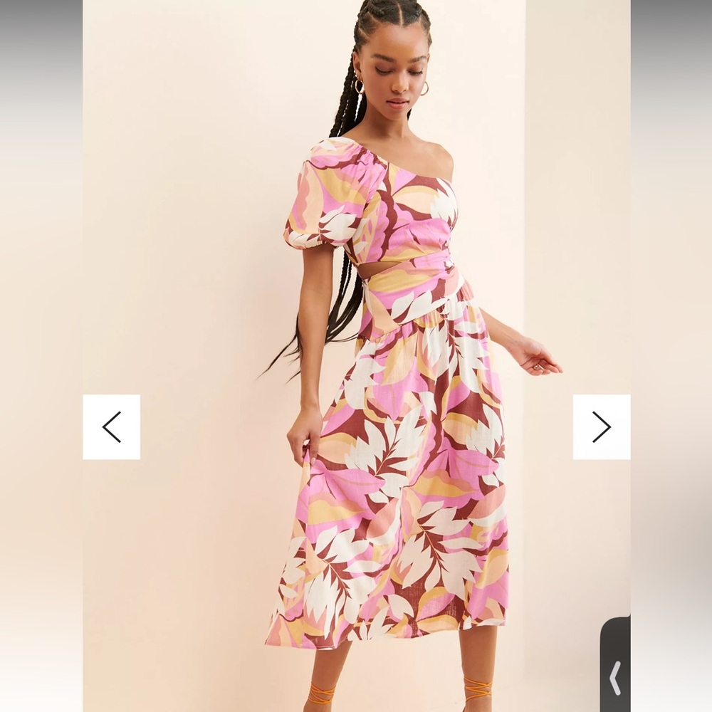 MINKPINK Pink and White Ruffled One Shoulder Sundress